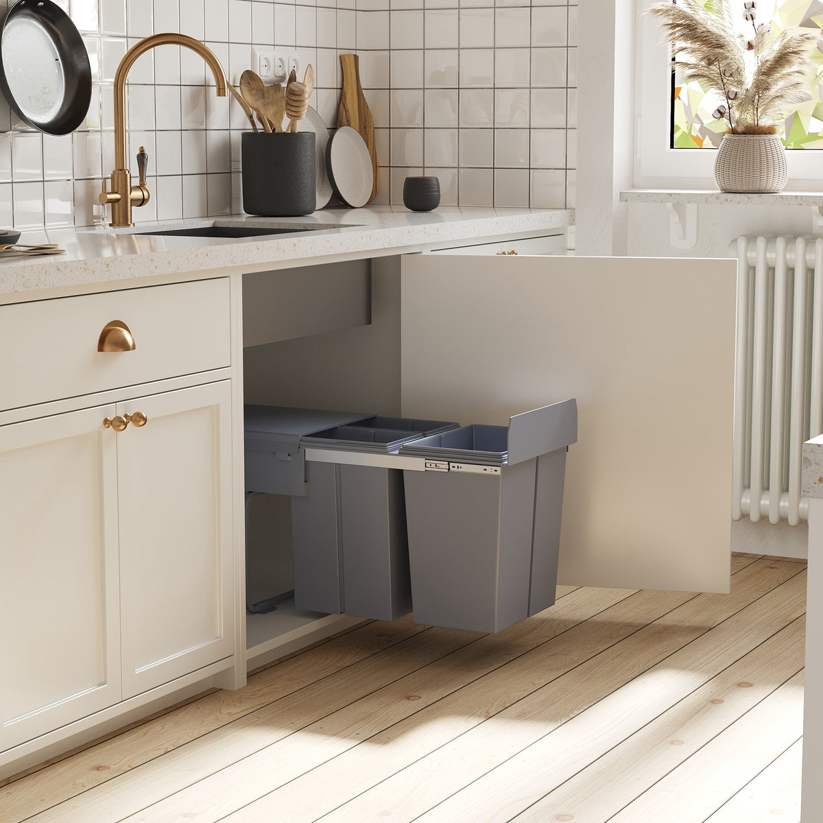 Pull Out Trash Can Under Cabinet, 10.6 Gallon (40L) Slide Out Garbage Can with 3 Removable Compartments, Grey