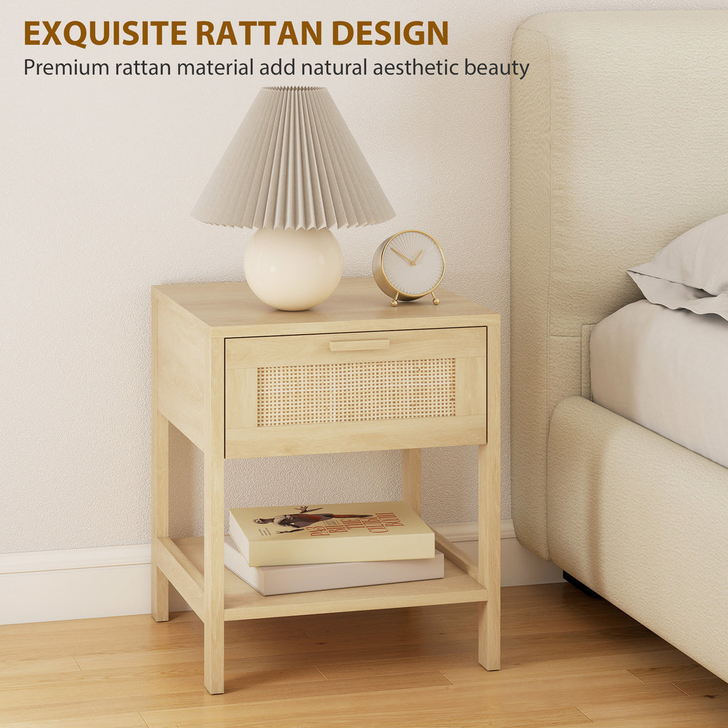 Narrow Nightstand with Rattan Elements, Bedside Table with Drawer and Storage Shelf for Bedroom, Set of 2, Natural Wood