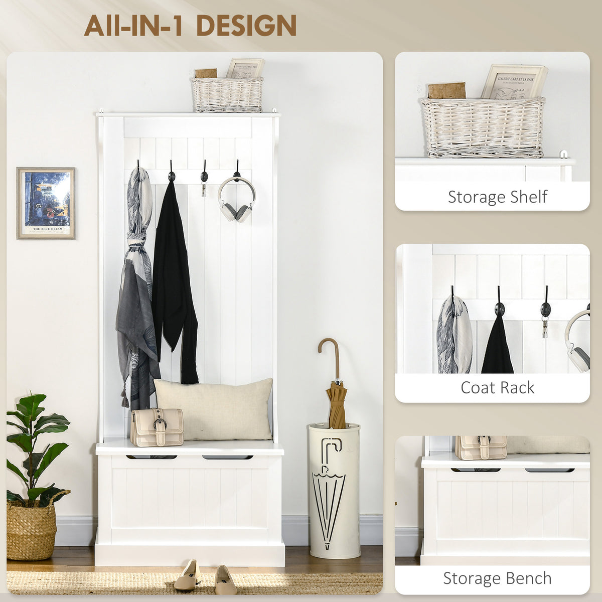 4-In-1 Hall Tree with Coat Rack, Top Shelf, Shoe Storage and Bench Seat, Entryway Bench with 4 Hooks