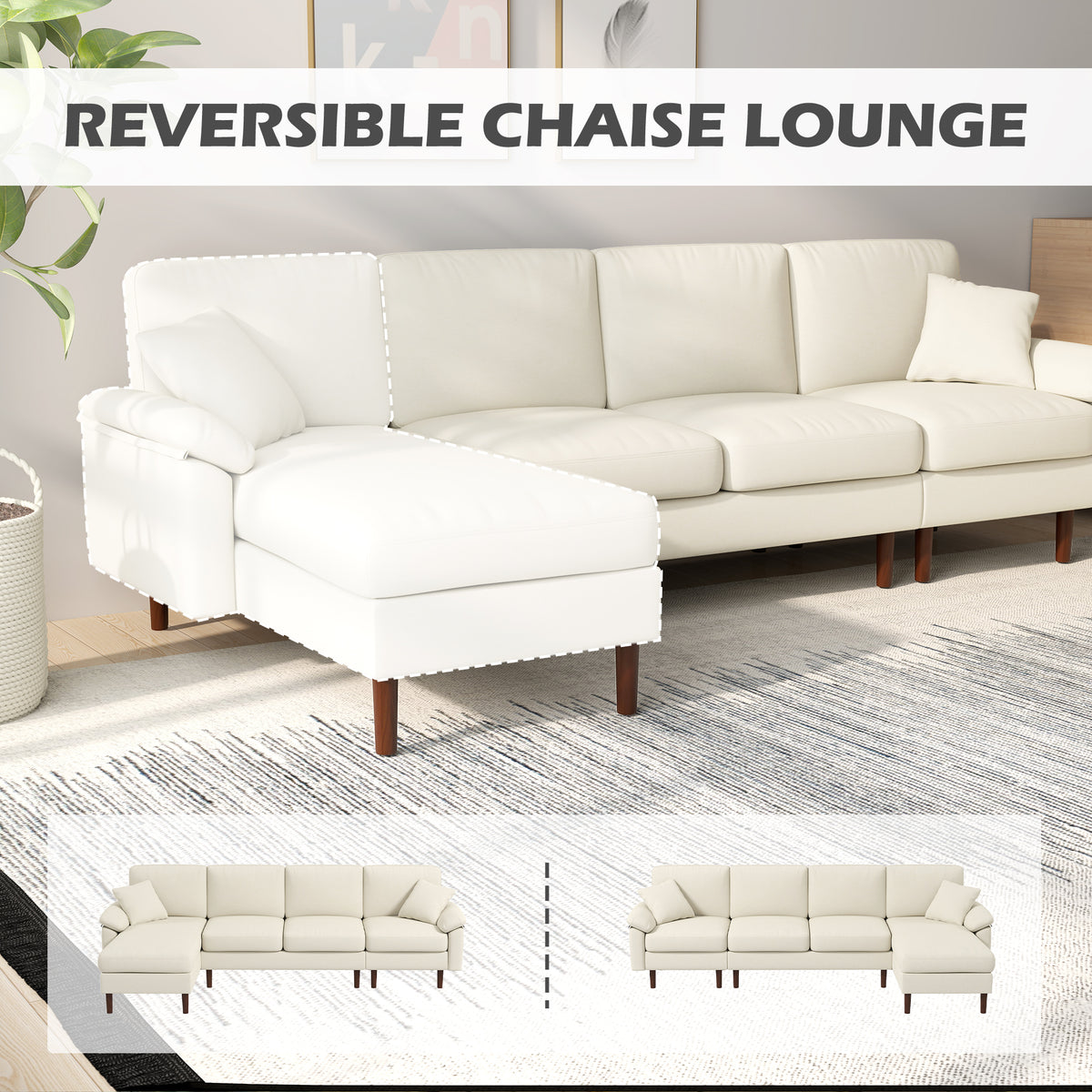 L-Shape Sofa, Modern Sectional Couch with Changeable Chaise Lounge, Pillows and Wooden Legs for Living Room, Cream White