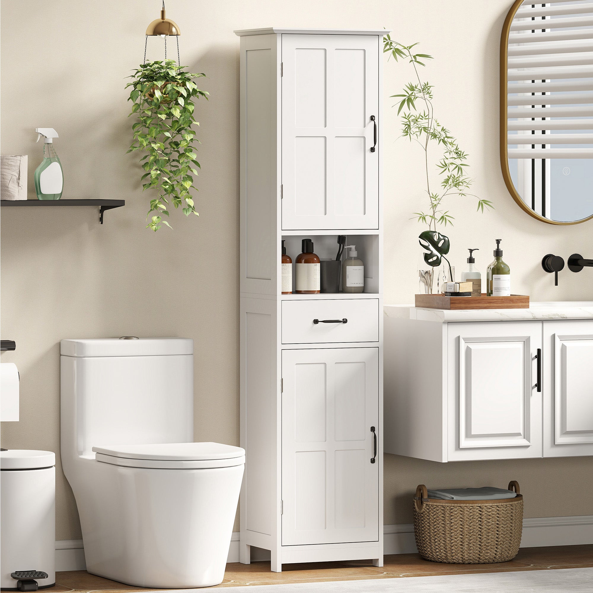 Modern Bathroom Cabinet, Narrow Bathroom Vanities with Open Shelf Drawer Recessed Doors and Adjustable Shelves White