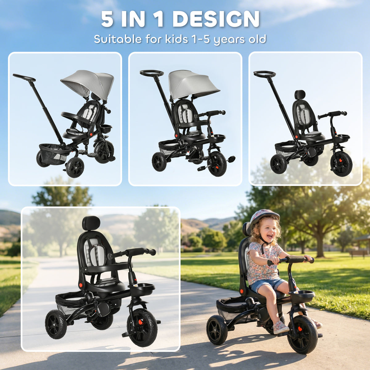 Qaba Tricycle for Toddler 5 in 1 Kids Trike, Foldable Converts Stroller to Toddler Bike, Adjustable Backrest & Curved Canopy, Detachable Guardrail & Handle for 1-5 Years Old, Grey