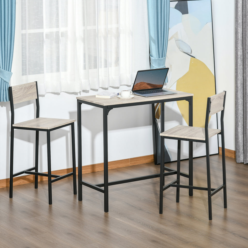 Industrial Bar Table Set Counter Height 3 Piece and 2 High Back Stools Set Dining Table Set Natural Wood