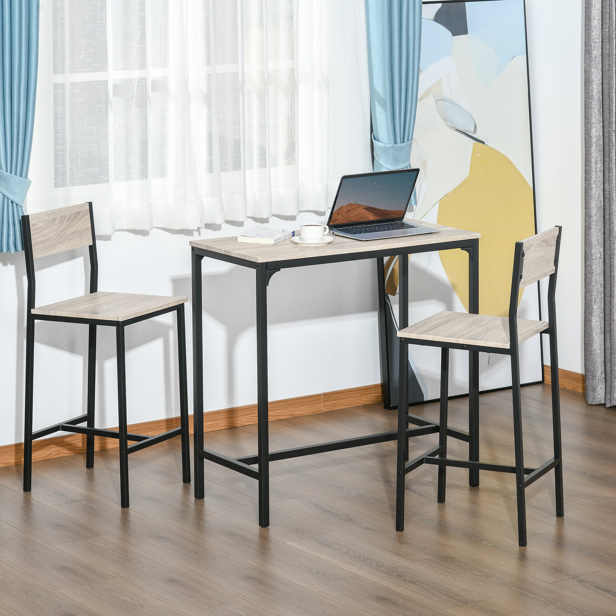 Industrial Bar Table Set Counter Height 3 Piece and 2 High Back Stools Set Dining Table Set Natural Wood