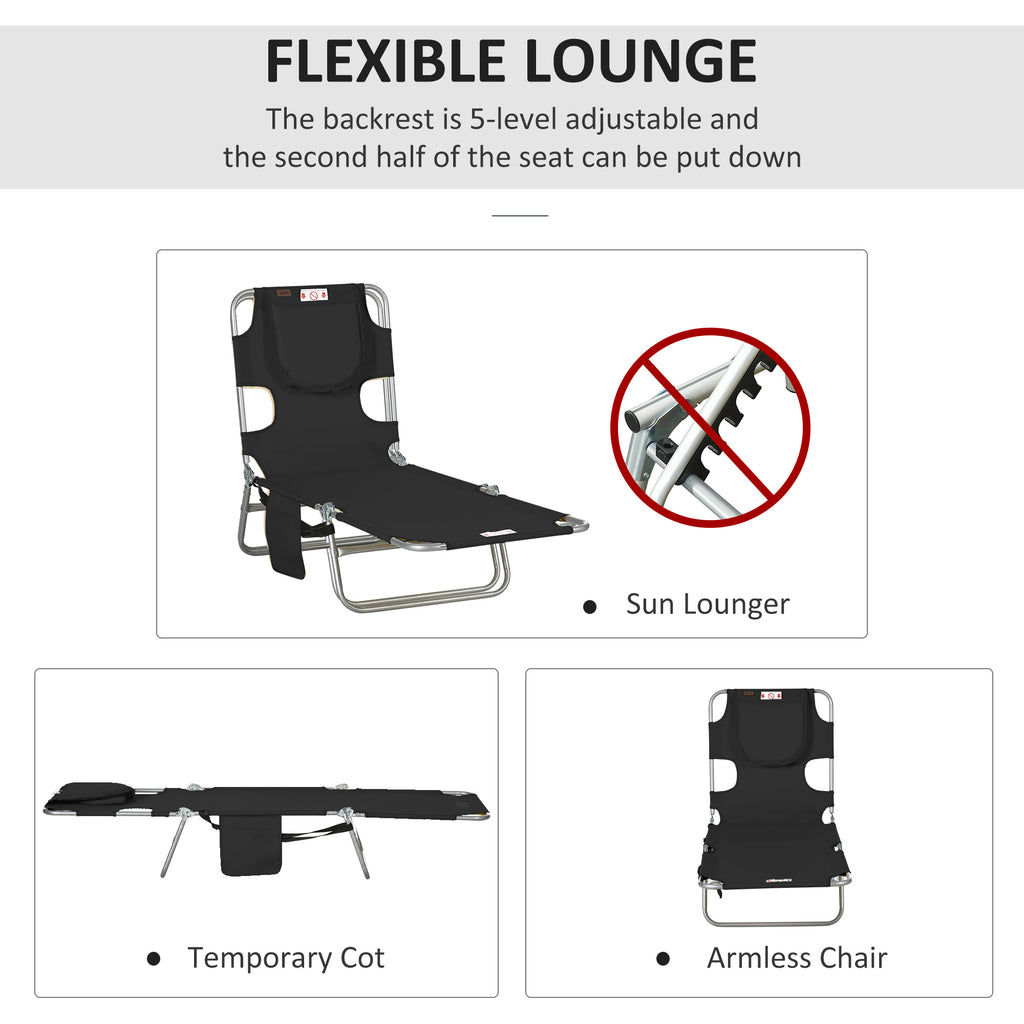 Folding Outdoor Lounge Chair, 5-Level Tanning Chair with Face Hole, Side Pocket, Carry Strap for Beach Pool, Grey