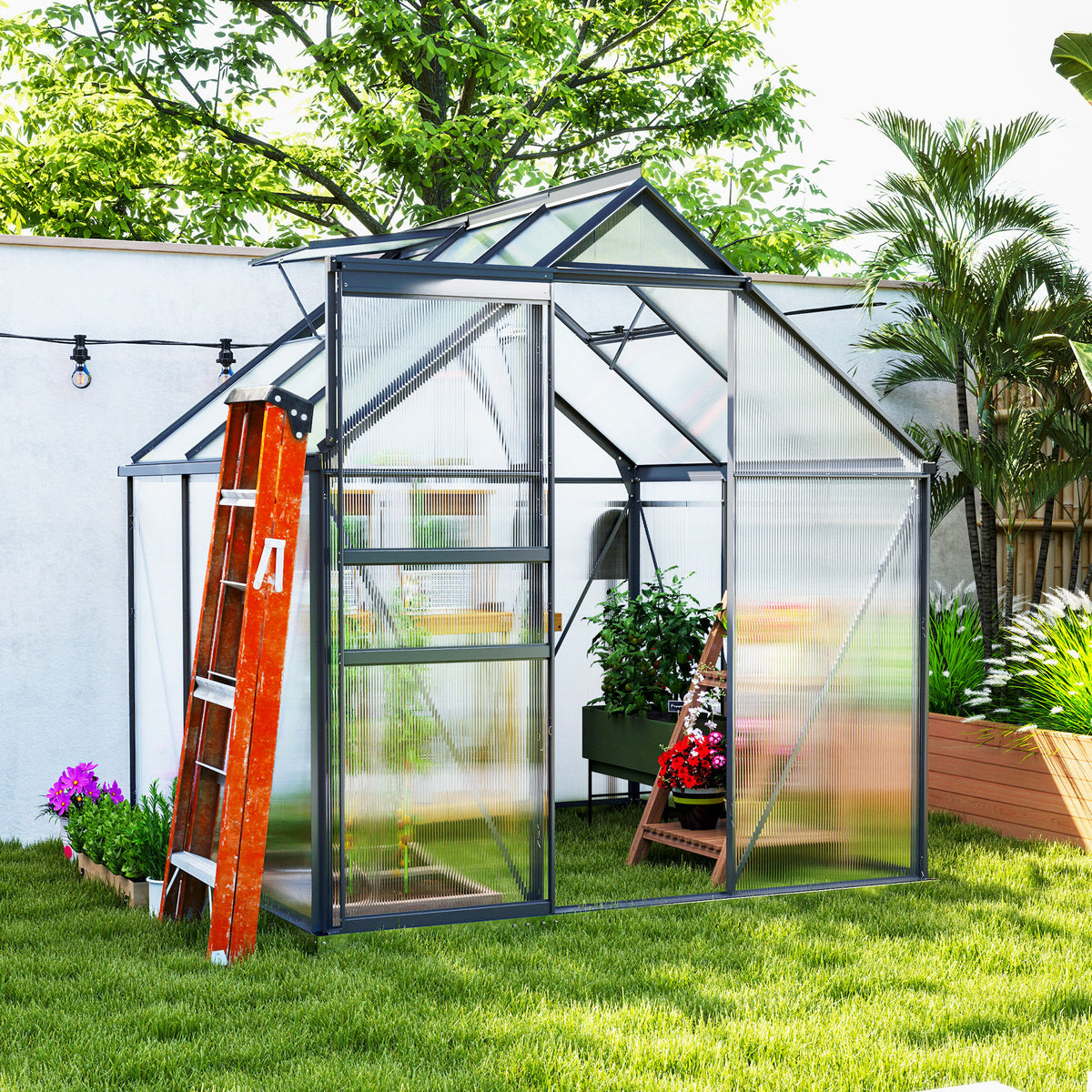 دفيئة من البولي كربونات 6' × 12' × 6.5'، دفيئة ذات مدخل مع فتحة سقف قابلة للتعديل، قاعدة مجلفنة، باب منزلق، ميزاب مطر للحديقة الخارجية والفناء الخلفي، أخضر