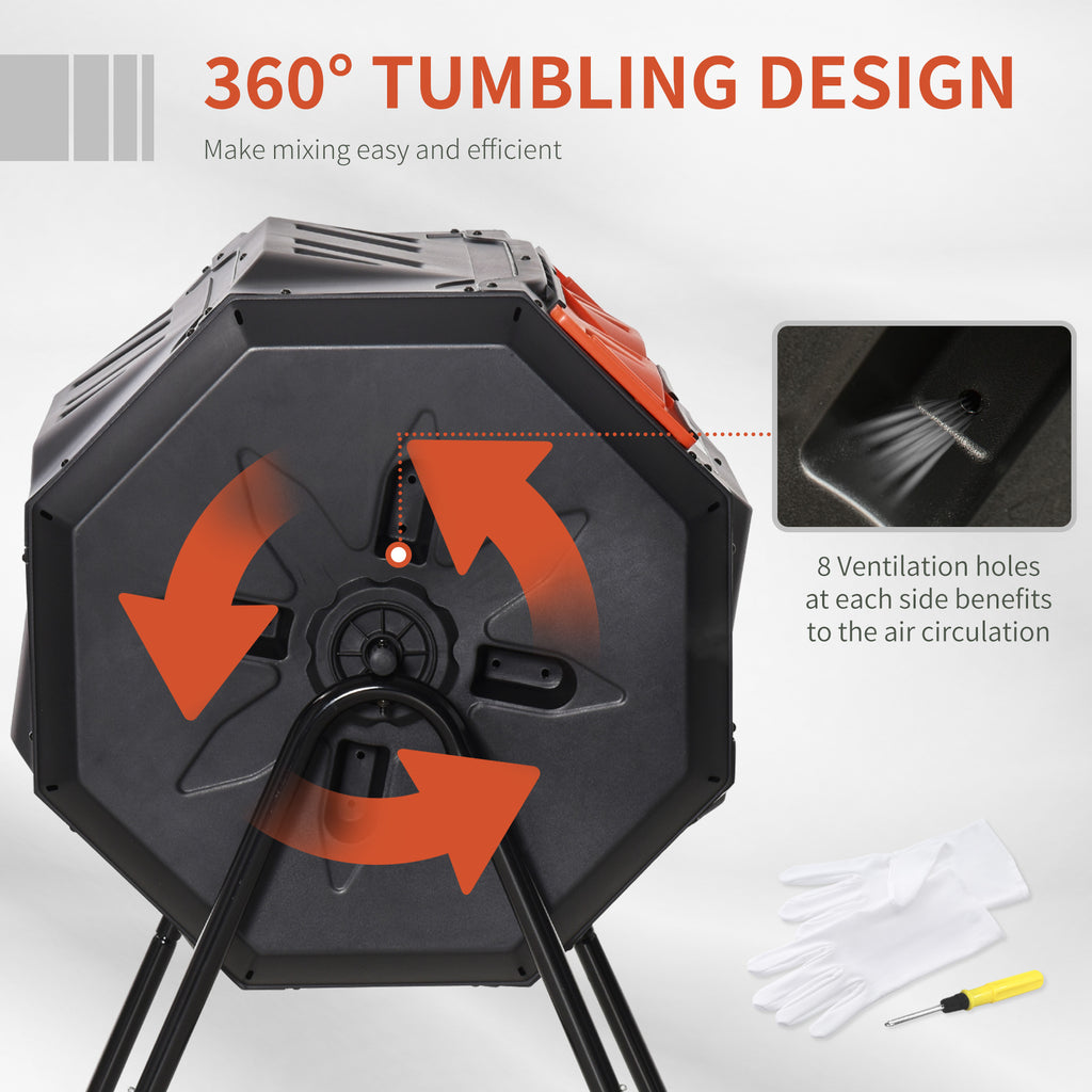Tumbling Compost Bin Outdoor Dual Chamber 360° Rotating Composter 43 Gallon with Sliding Doors, Orange