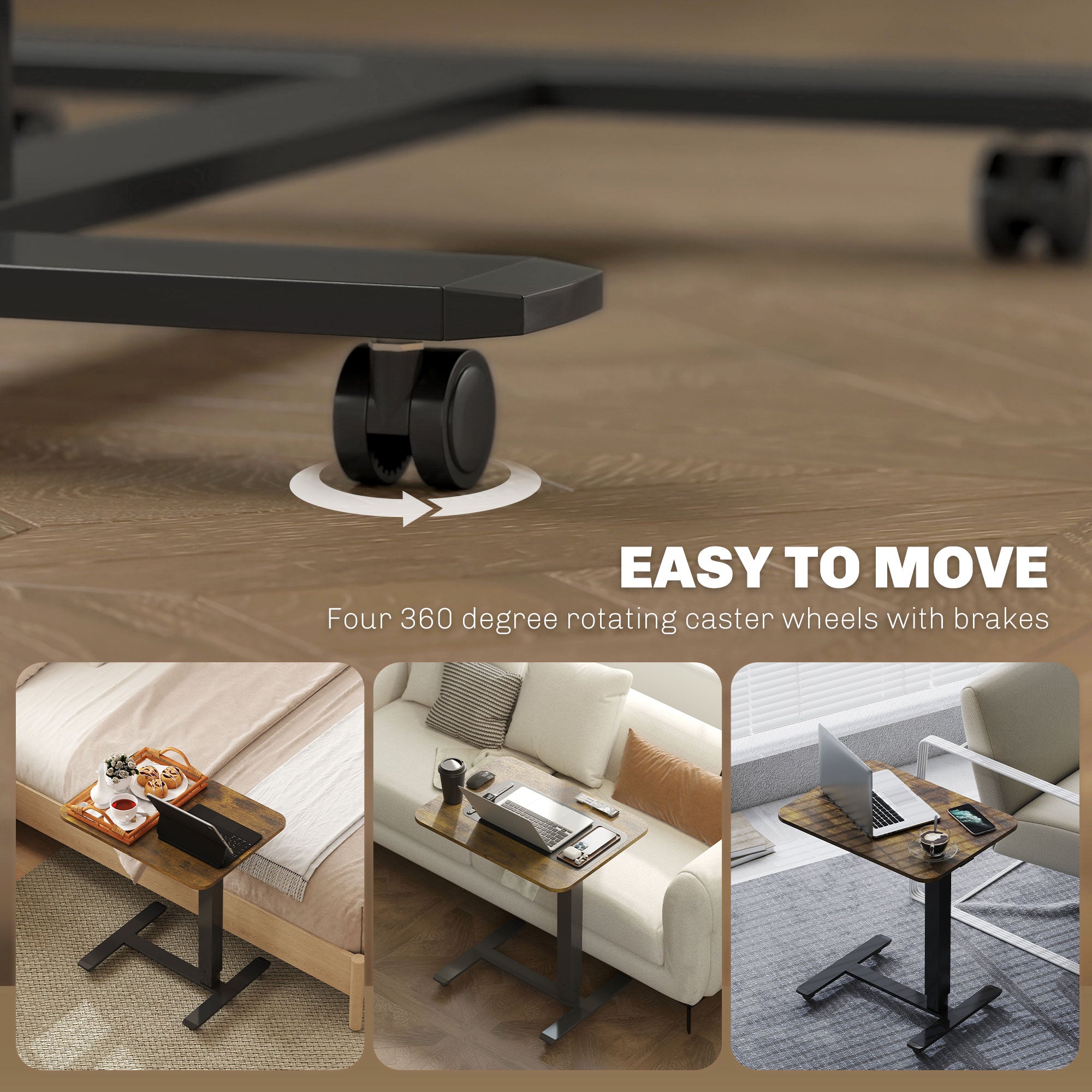 Pneumatic Standing Desk Adjustable Height, Mobile Stand Up Desk with Wheels, 43 Inch Rolling Table, Rustic Brown