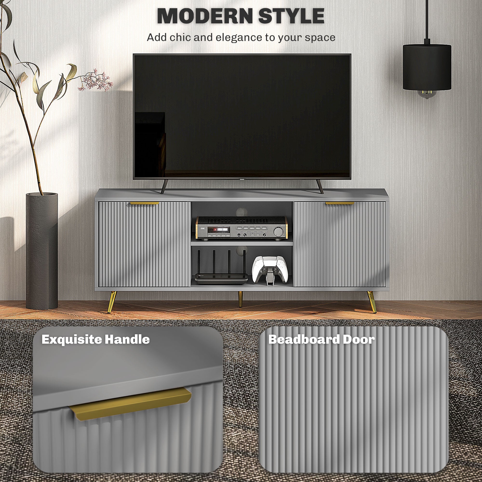 TV Stand with Storage for 55 Inch TV, Modern TV Cabinet with 2 Open Shelves and 2 Cabinets for Living Room, White