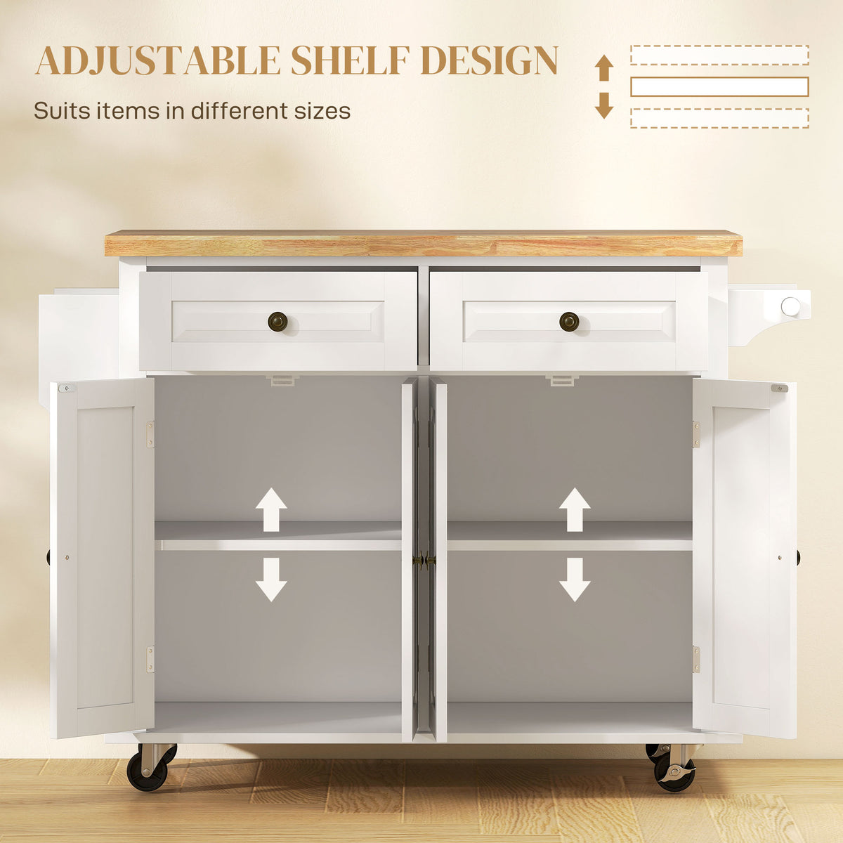 Kitchen Island with Storage, Rolling Trolley Cart with Rubber Wood Top, Spice Rack, Towel Rack, Grey