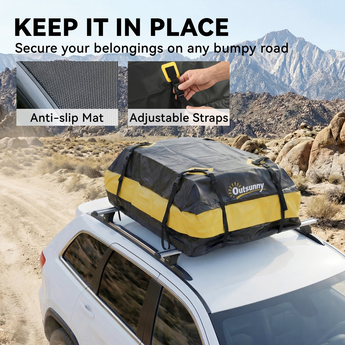 Rooftop Cargo Carrier, 15 Cubic Feet Waterproof Soft-Shell Car Roof Storage Bag with Door Hooks, Anti-Slip Mat