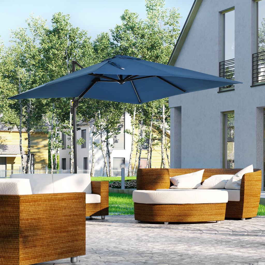 8' x 8' Square Patio Hanging Offset Umbrella with 360° Rotation, Aluminum Outdoor Cantilever Parasol with Crank & Tilt, Sun Canopy Shelter with Cross Base, Dark Blue