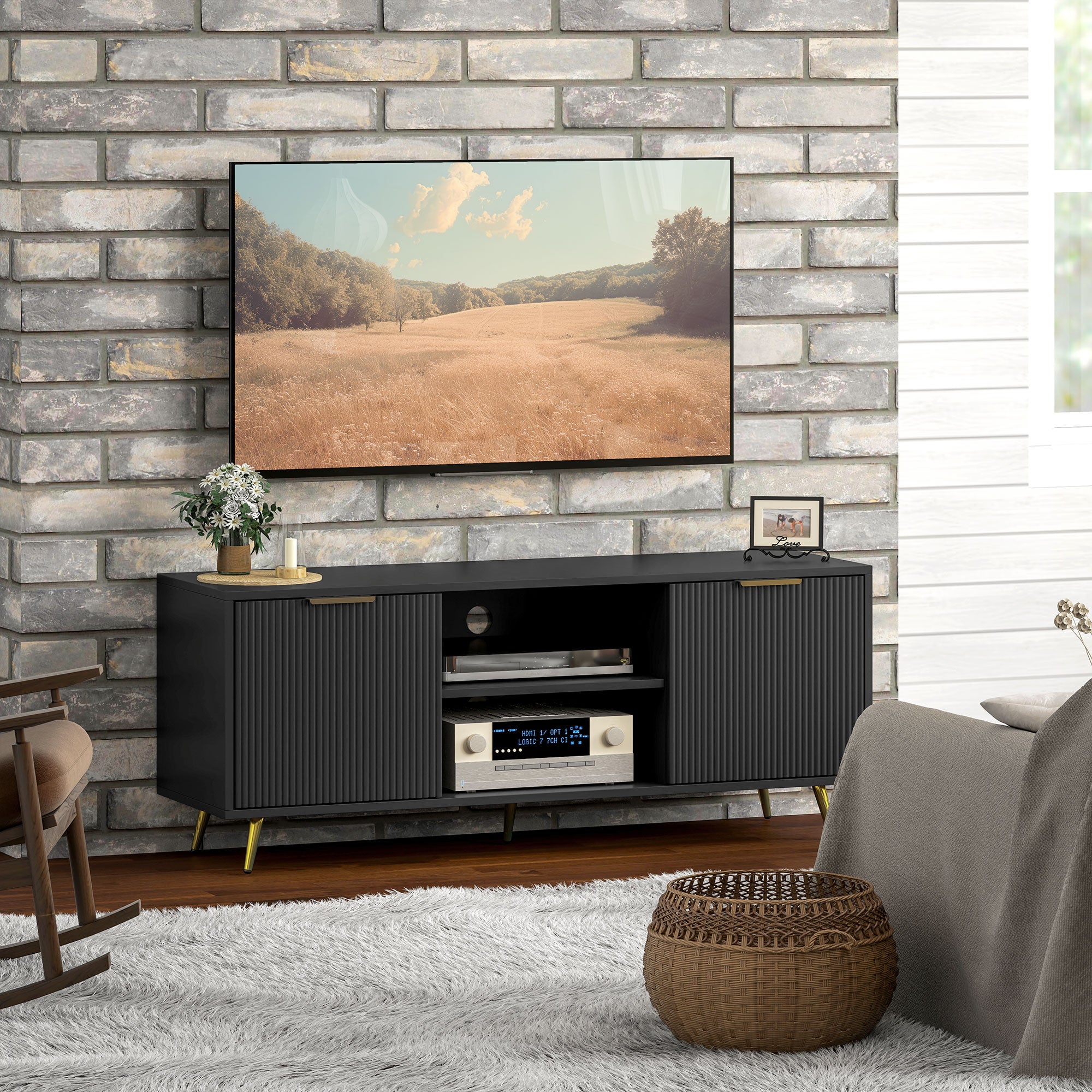 TV Stand with Storage for 55 Inch TV, Modern TV Cabinet with 2 Open Shelves and 2 Cabinets for Living Room, White