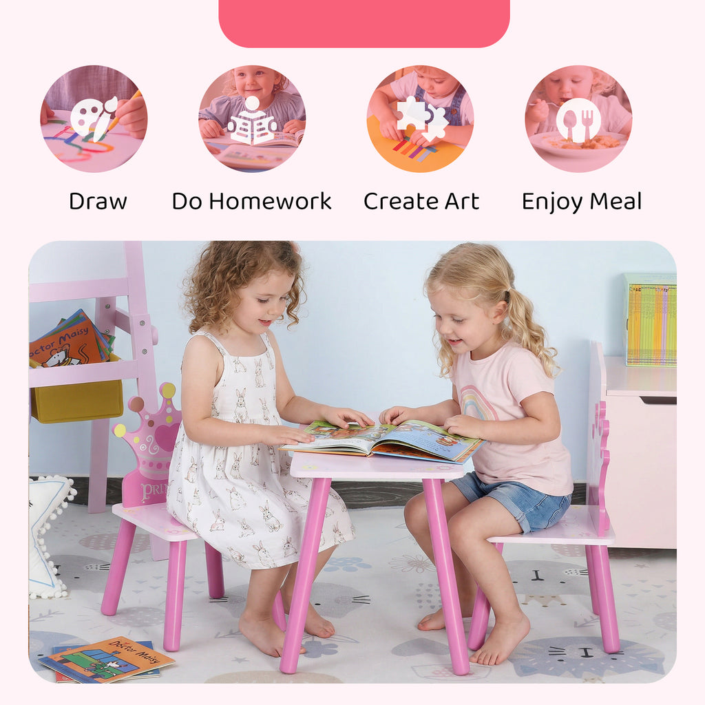 Qaba 3-Piece Set Kids Wooden Table Chair with Crown Pattern Easy to Clean Gift for Girls Toddlers Age 2-4 Years Old Pink
