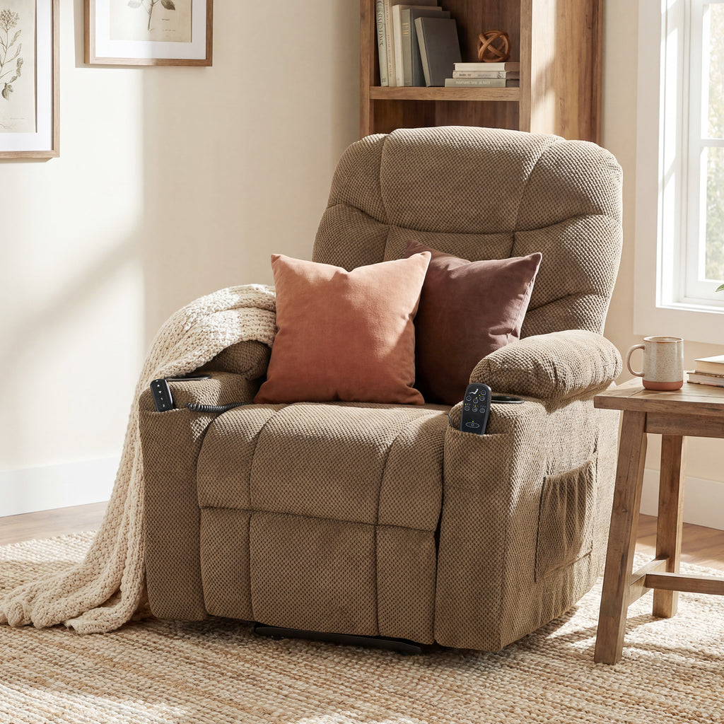 Power Recliner Chair with Massage, Electric Lift Chair for Elderly with Side Pockets, Cup Holders, Remote, Brown