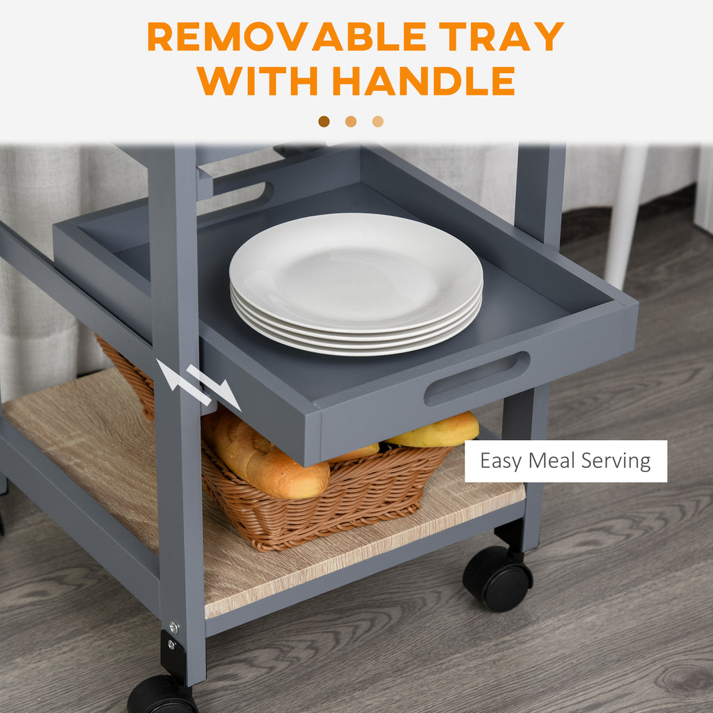 Rolling Kitchen Island Cart, Mobile Utility Storage Cart with Drawer, Wire Storage Basket, Removable Tray, Grey