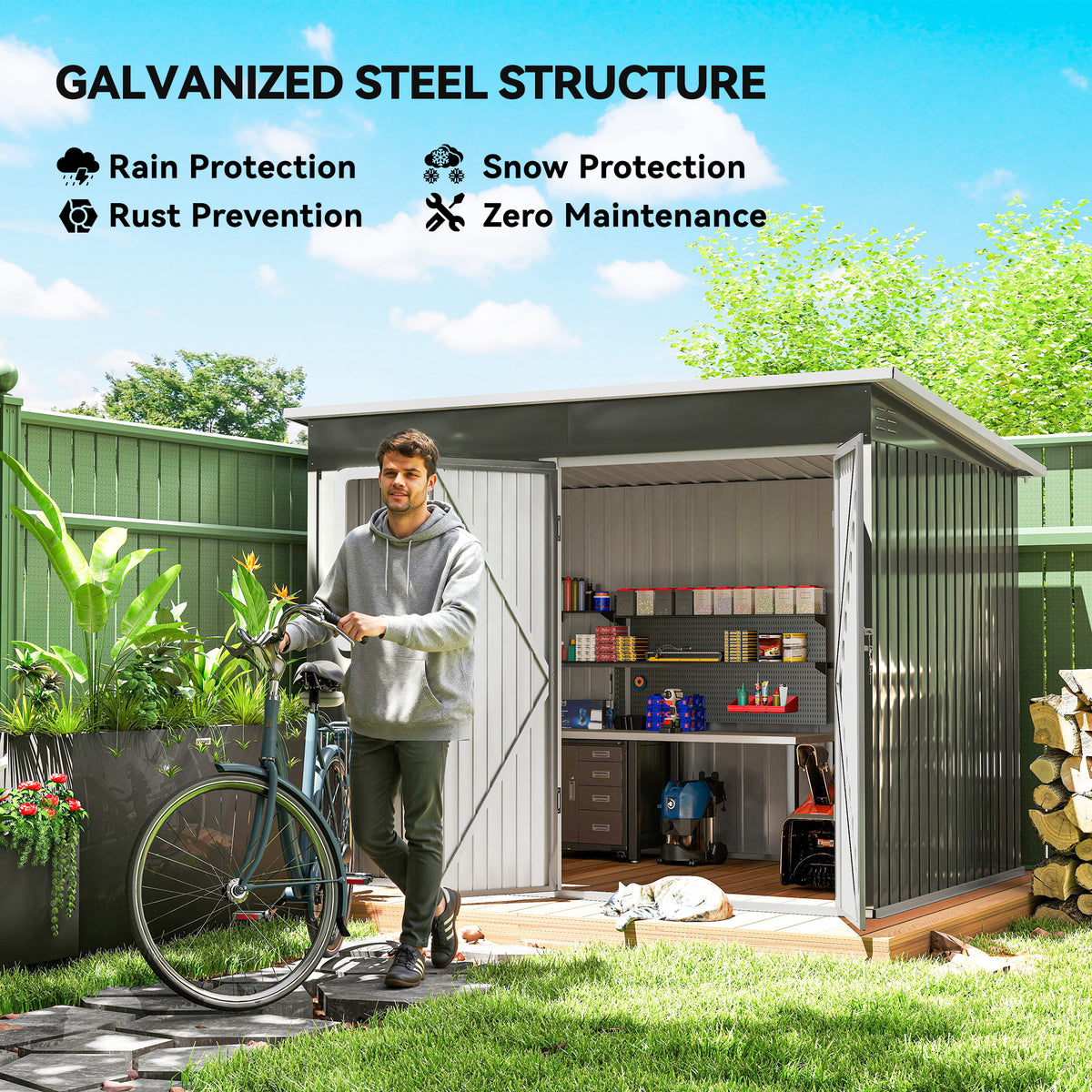 8.5' x 6' Galvanised Steel Outdoor Storage Shed, Garden Shed with Window, Lockable Wide Doors and Air Vents, Grey