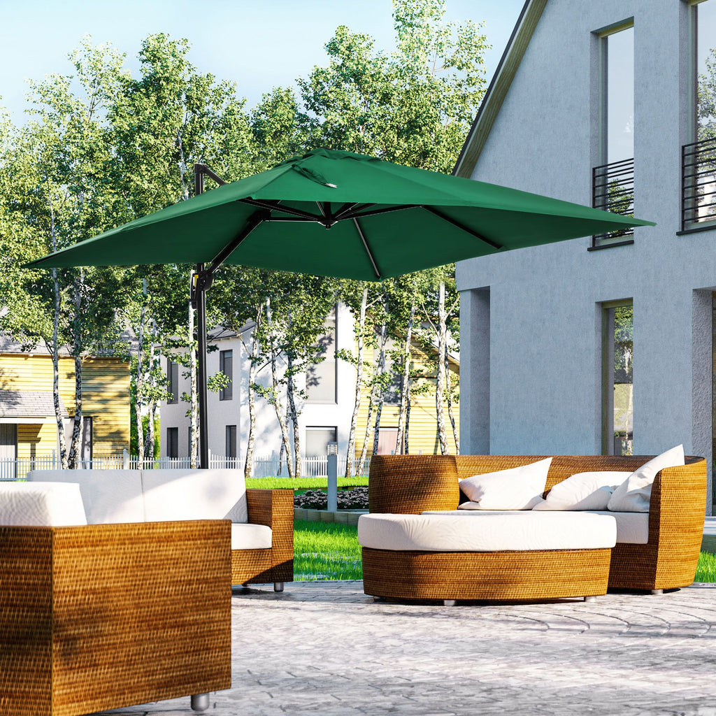 8' x 8' Square Cantilever Umbrella with 360° Rotation, Aluminum Outdoor Cantilever Market Parasol with Crank & Tilt, Garden Sun Canopy Shelter with Cross Base, Green