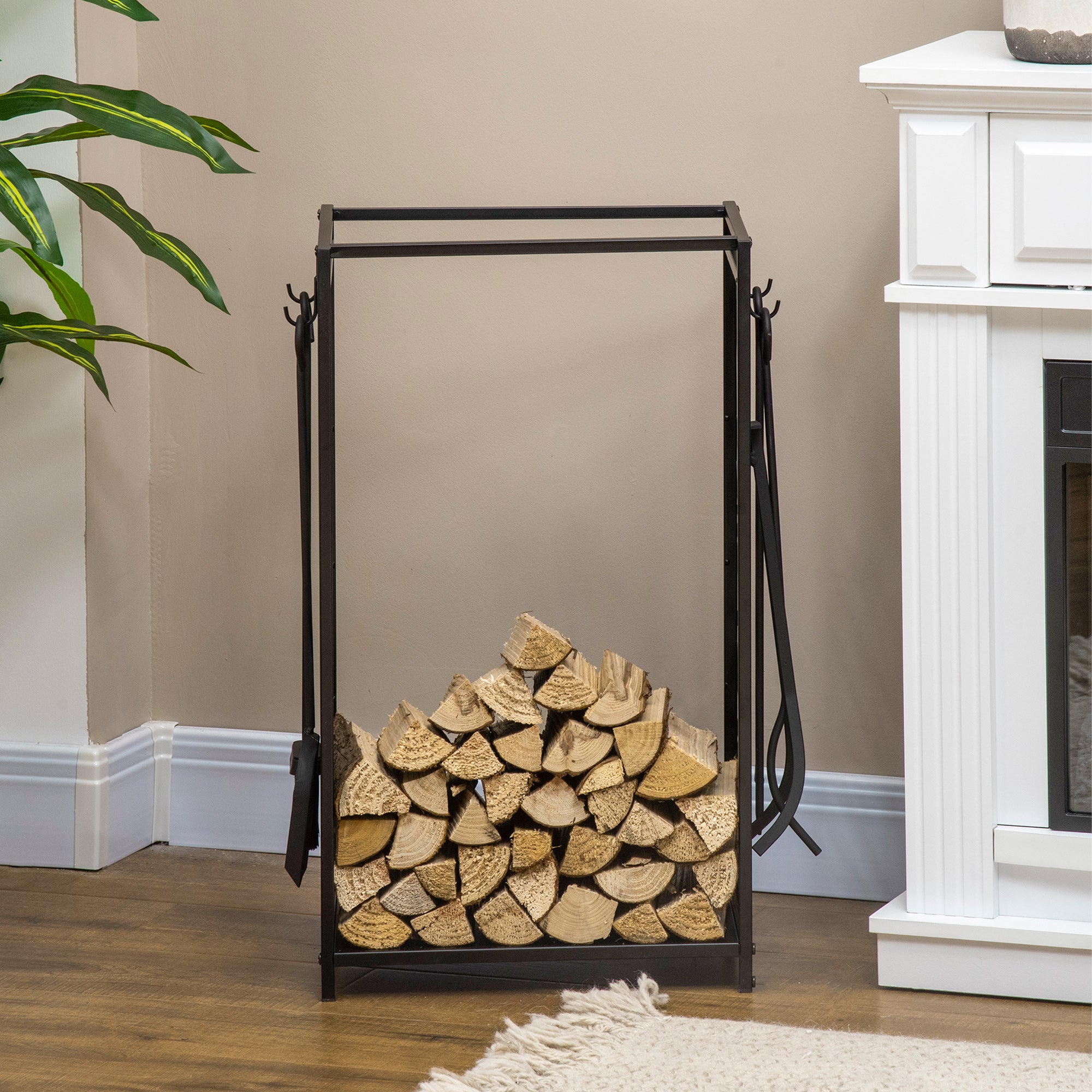 18.1" x 11.8" x 27.6" Firewood Rack with 4 Tools, Log Holder for Fireplace, Outdoor Indoor Wood Storage Stacker, Black