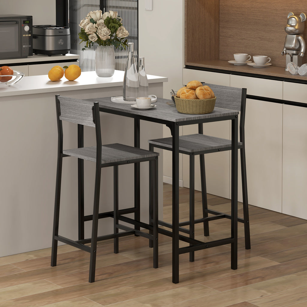 Industrial Bar Table Set Counter Height 3 Piece and 2 High Back Stools Set Dining Table Set Grey