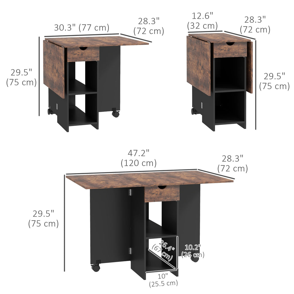 Folding Dining Table, Space Saving Drop Leaf Table with Drawer and Shelves for Kitchen, Dining Room, Rustic Brown
