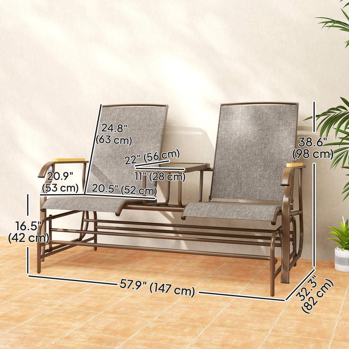 Outdoor 2-Person Glider Bench, Outside Swing Glider Chair Loveseat with Breathable Mesh, Table, Steel Frame