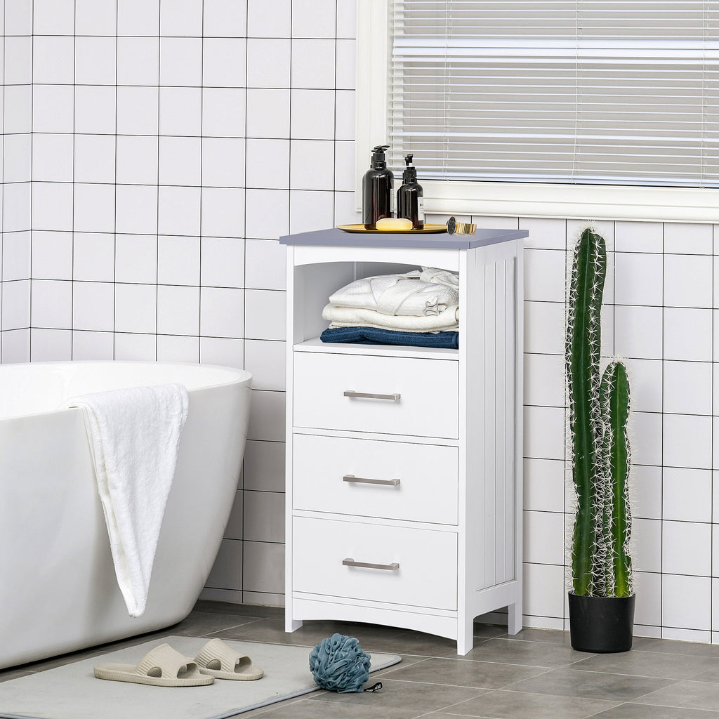 Small Bathroom Storage Cabinet, Floor Cabinet with 3 Drawers and Open Component, Narrow Bathroom Cabinet, White