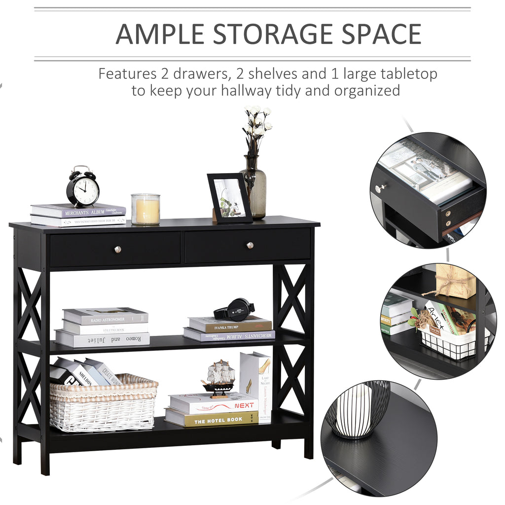 39" Console Table, Narrow Entryway Table with Storage Shelves, Drawers and X Frame for Behind Couch, Living Room, Hallway, Black
