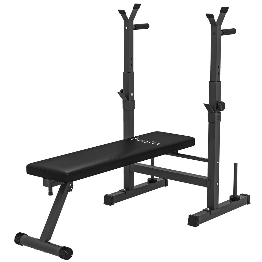 Soozier Adjustable Weight Bench, Foldable Bench Press with Barbell Rack and Dip Station for Home Gym, Strength Training Multiuse Workout Bench, Black