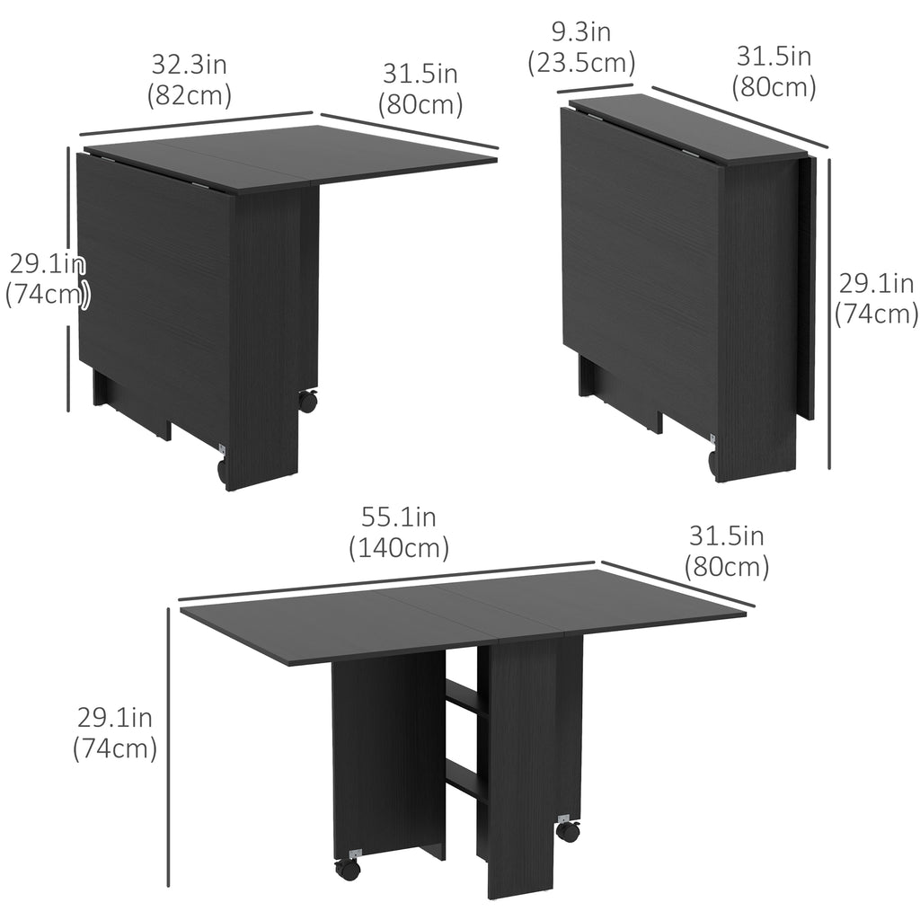 Foldable Dining Table with Storage Shelves, Drop Leaf, and Rolling Wheel