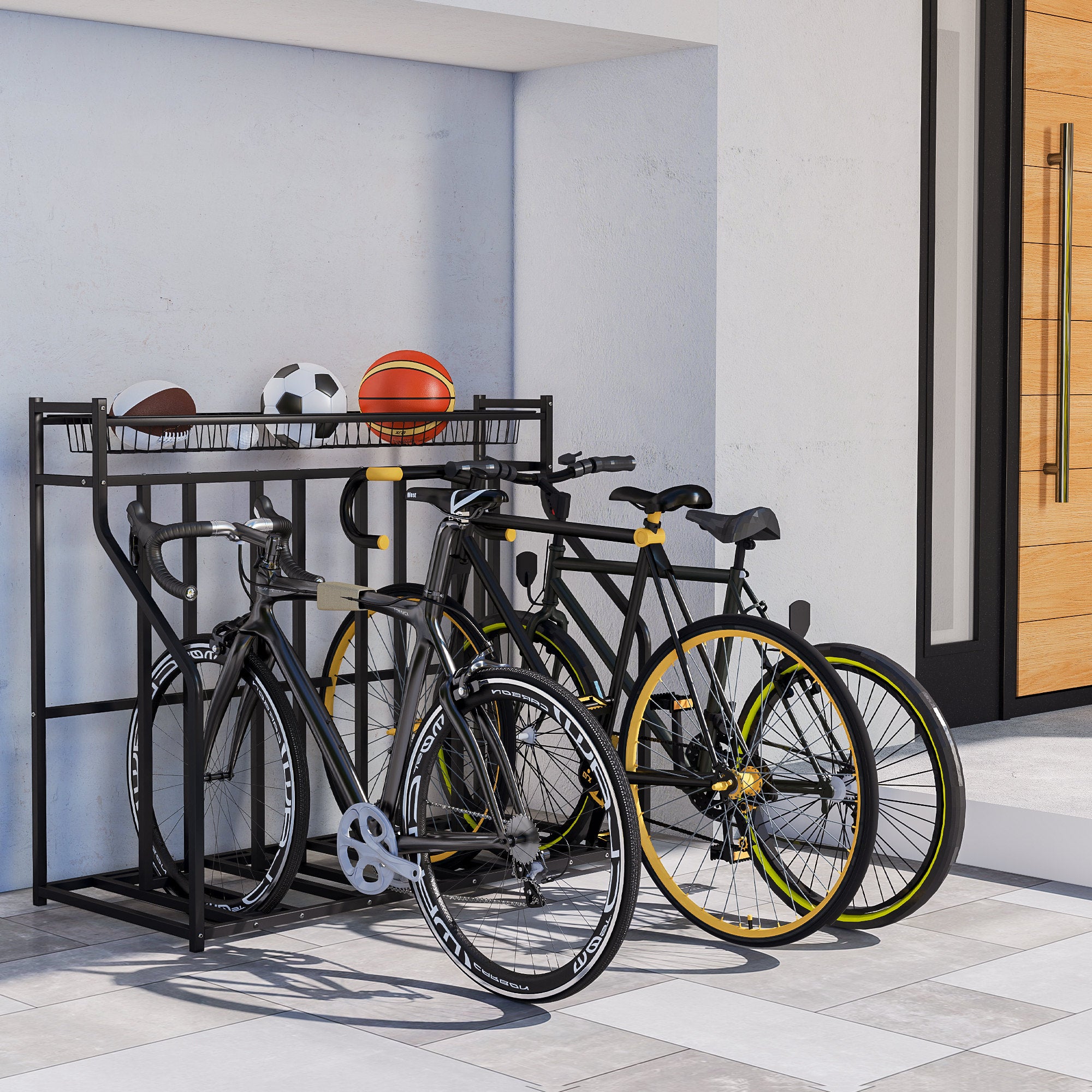 Soozier 4 Bicycle Bike Stand, Metal Floor Bike Storage Rack with Basket, Hooks, Indoor Outdoor Bicycle Stand, Black