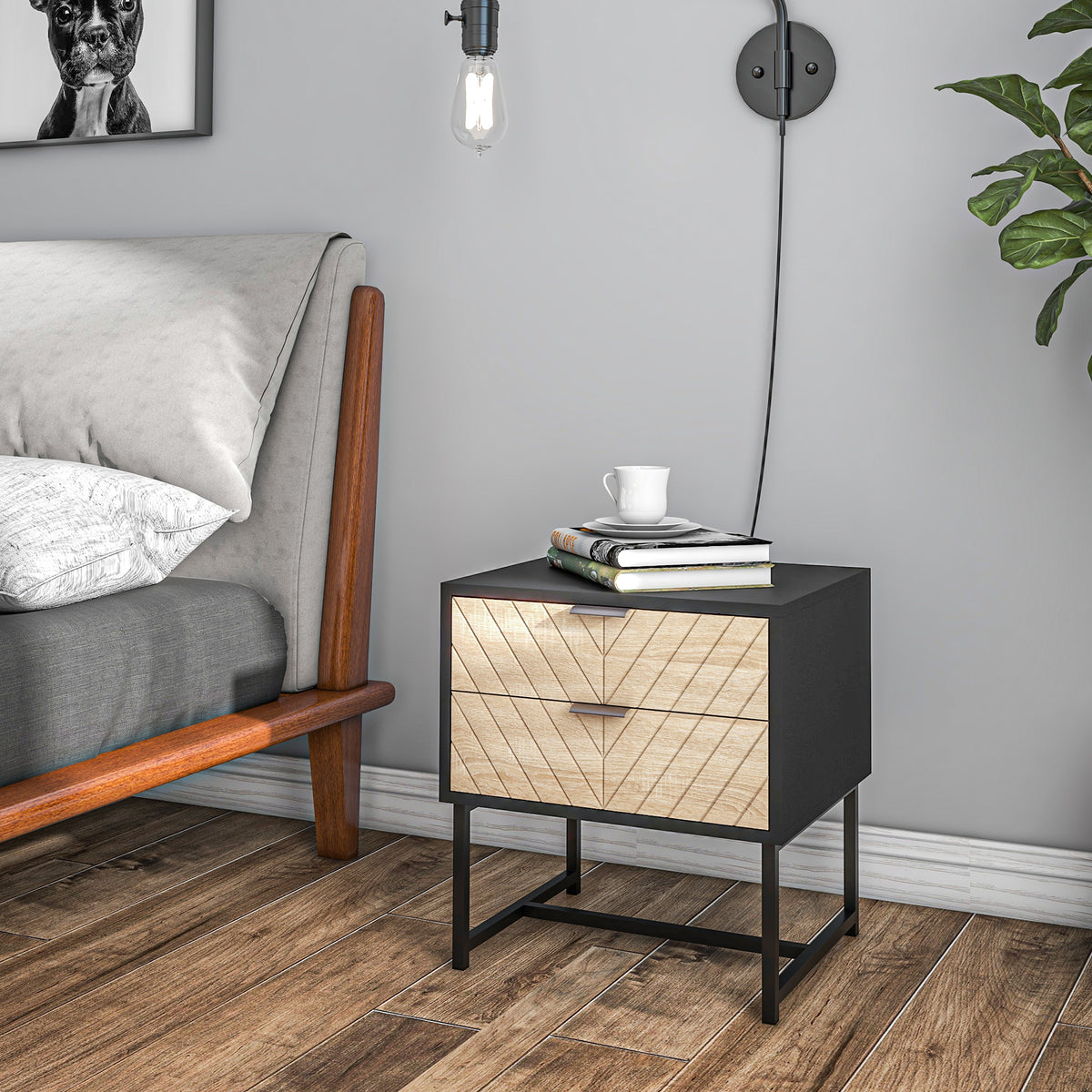 Modern Bedside Table with 2 Drawers and Steel Frame, Sofa Side Table for Bedroom Living Room, White and Oak