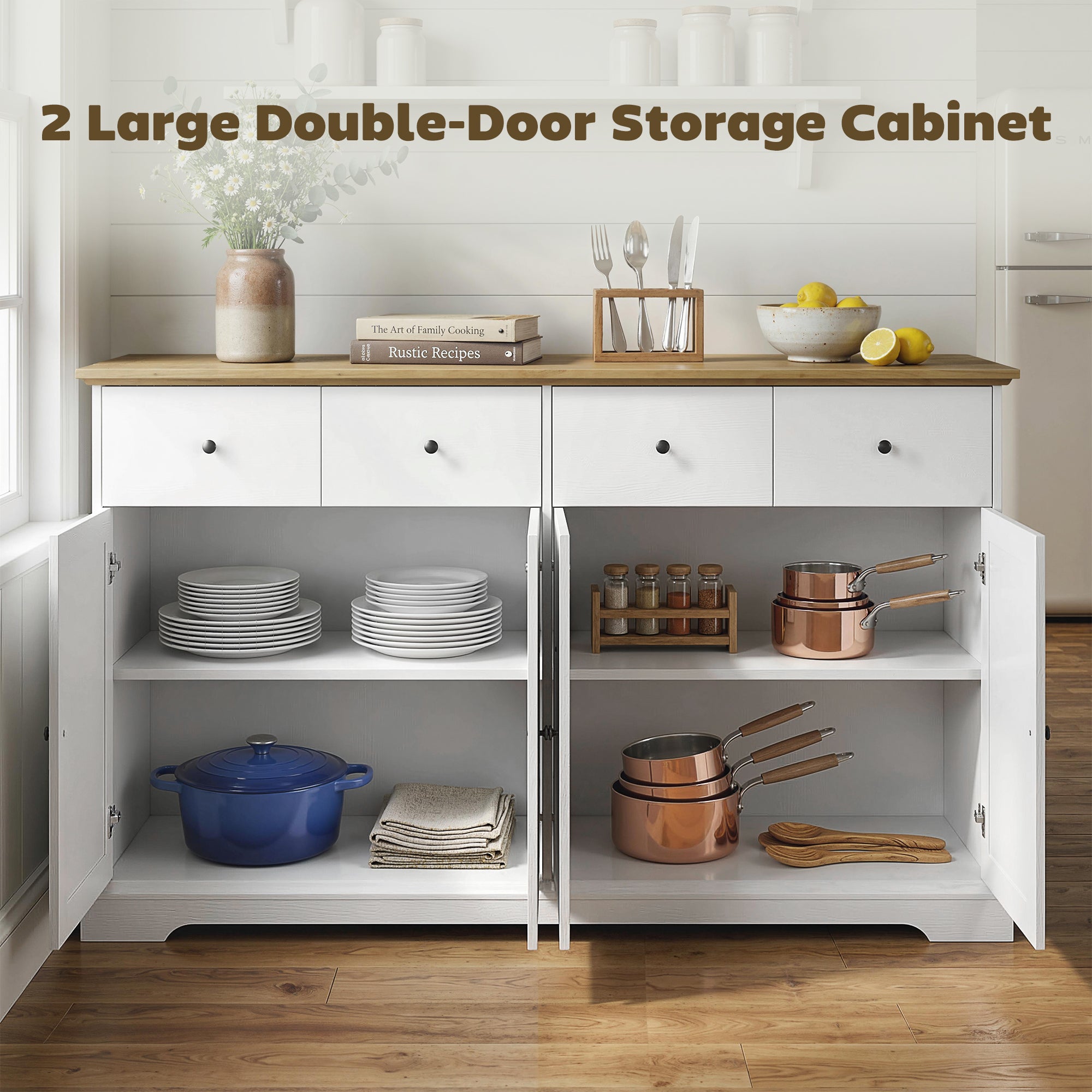 Sideboard Buffet Cabinet, 55" Farmhouse Kitchen Cabinet with Soft-Close Doors, 2 Drawers and 2 Adjustable Shelves