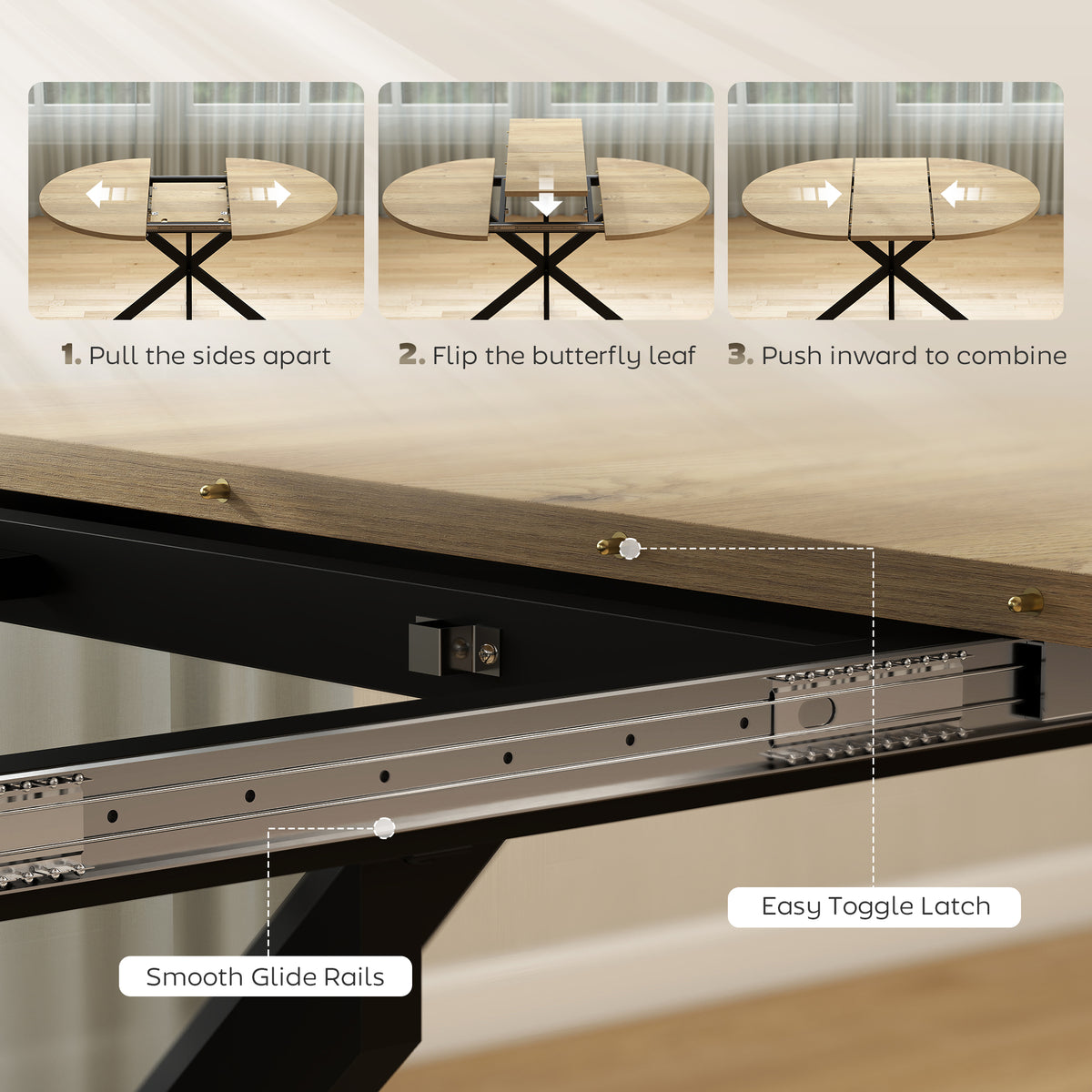 39.5"-53" Extendable Dining Table for 4-6, Industrial Kitchen Table with Butterfly Leaf and X-Shape Base, Natural Wood
