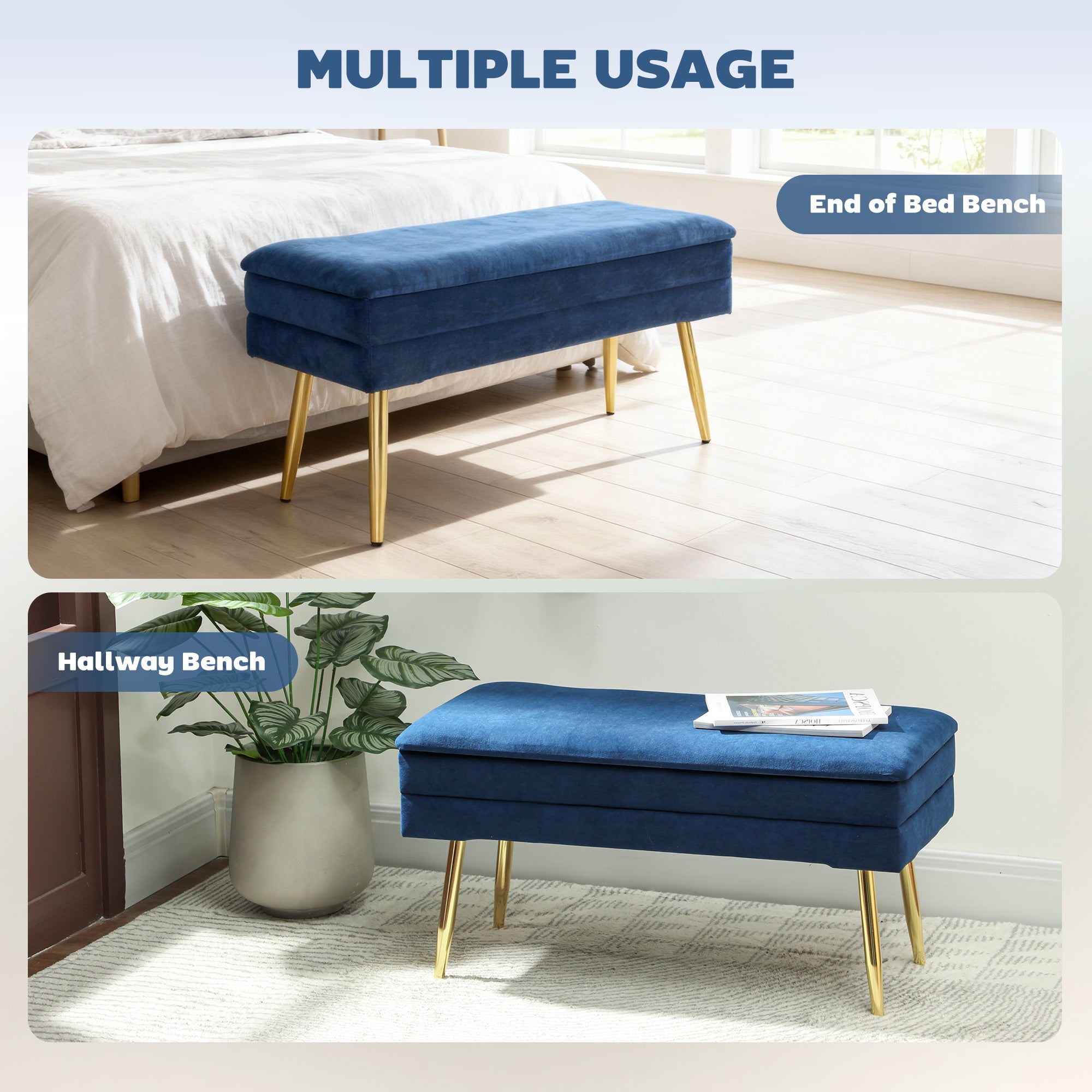 39" Storage Ottoman, Velvet End of Bed Bench with Steel Legs, Foot Stool with Storage for Bedroom, Living Room