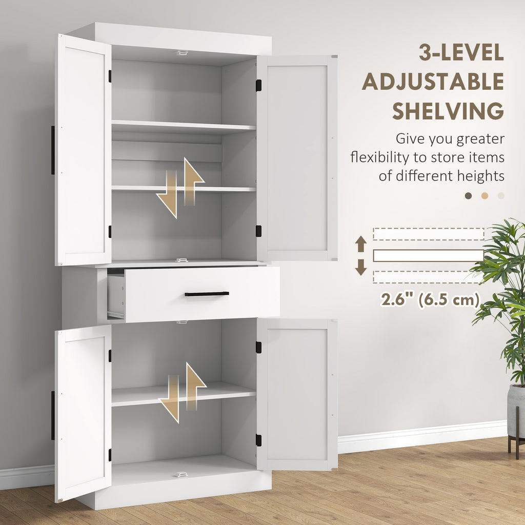 72" Kitchen Storage Cabinet, Farmhouse Kitchen Pantry Cabinet with 4 Barn Doors, Drawer, Adjustable Shelves, White