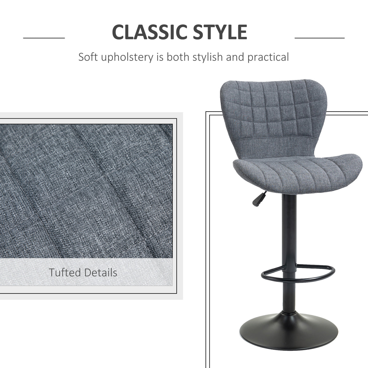 Bar Stools Set of 2, Adjustable Height Swivel Bar Chairs, Linen-feel Fabric Upholstered Kitchen Counter Stools with Wide Seat, Back and Footrest, Grey