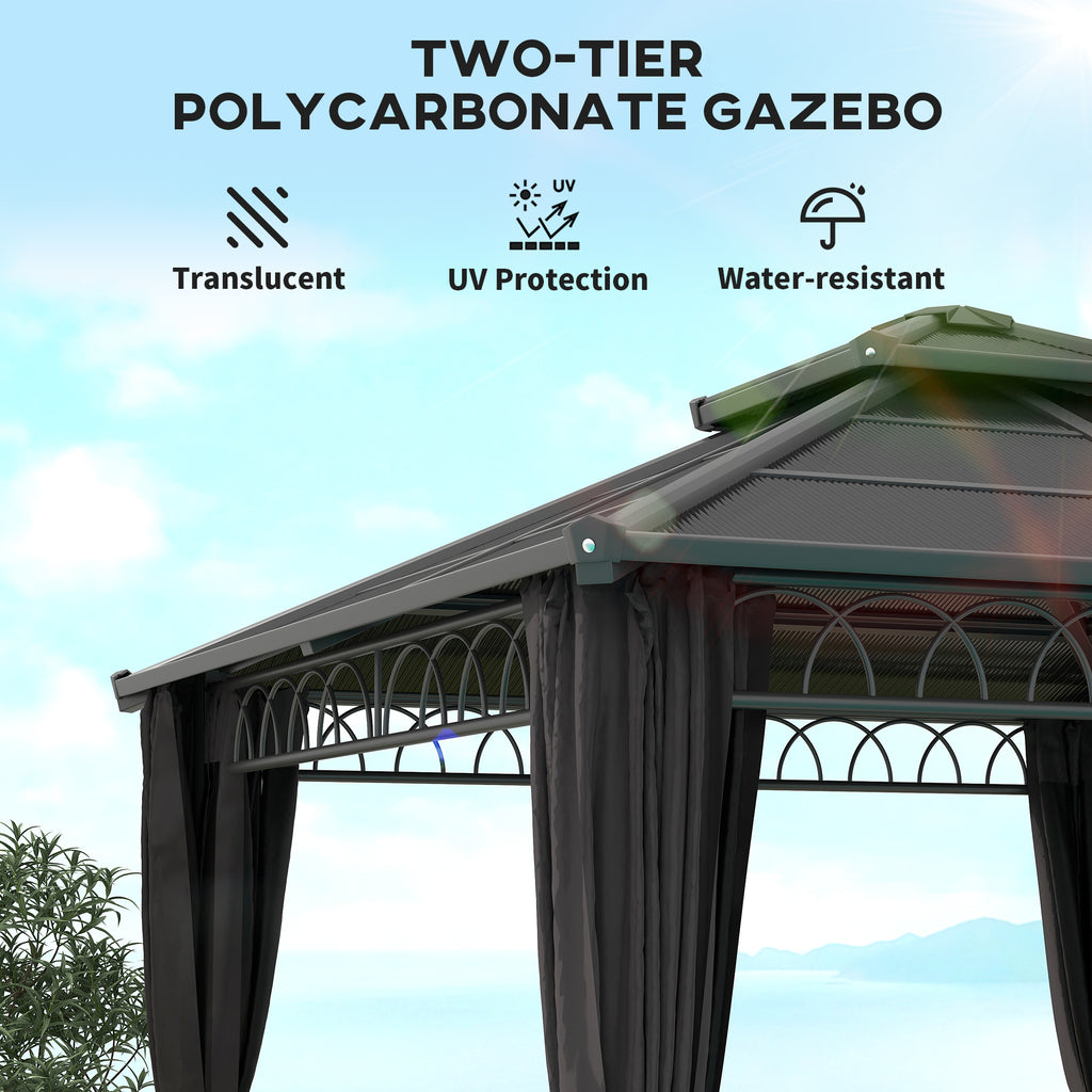 10' x 10' Outdoor Hardtop Gazebo Canopy with Double PC Roof, Steel Frame, Nettings, Curtains for Garden Lawn Deck, Black