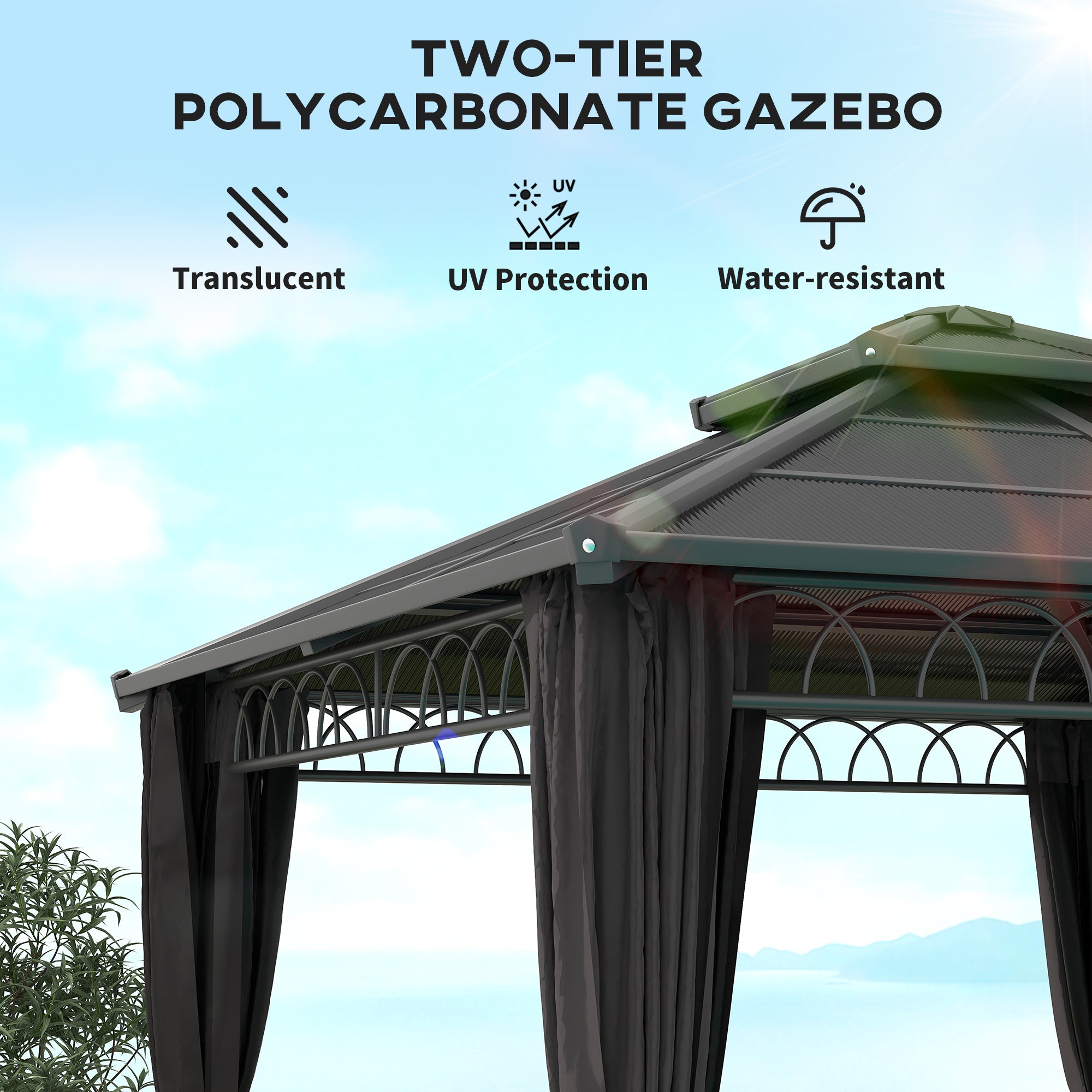 10' x 10' Outdoor Hardtop Gazebo Canopy with Double PC Roof, Steel Frame, Nettings, Curtains for Garden Lawn Deck, Black