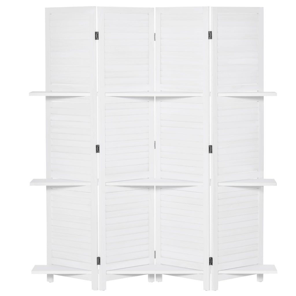 4-Panel Wall Partition Room Separator with 3 Storage Shelves Foldable Design Wooden Frame 5.6FT White