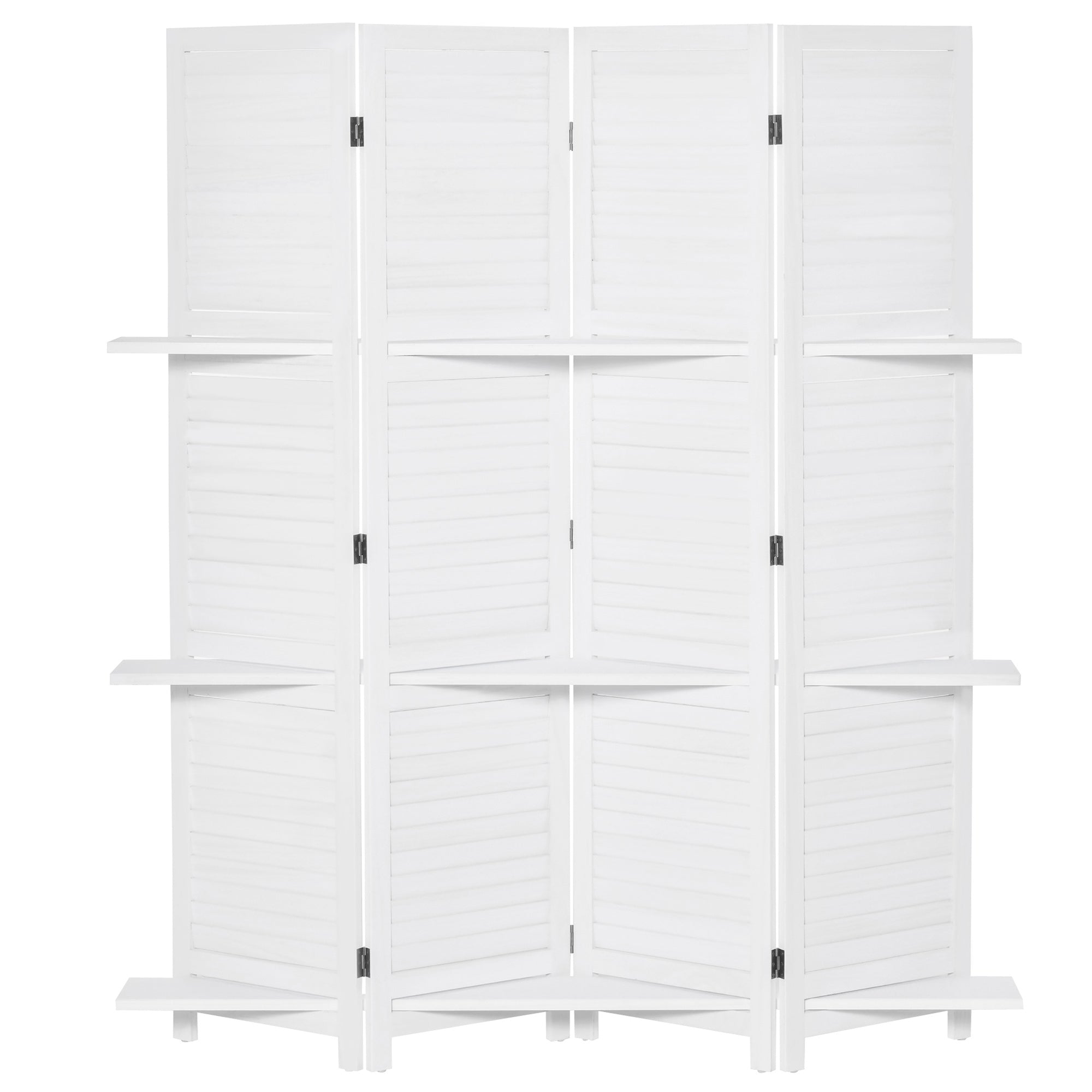 4-Panel Wall Partition Room Separator with 3 Storage Shelves Foldable Design Wooden Frame 5.6FT White