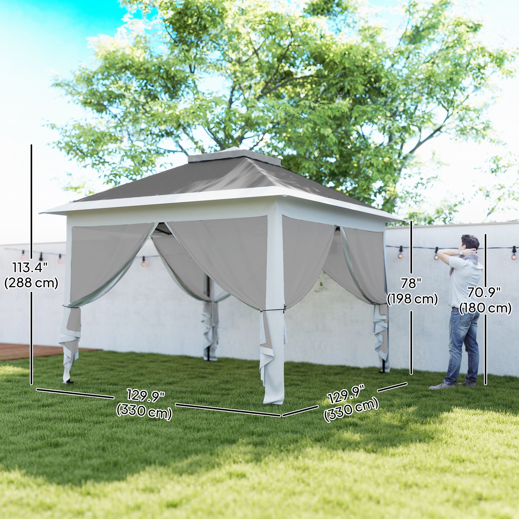 11' x 11' ፖፕ ኣፕ ጋዜቦ፣ ድርብ ጣሪያ ተሰንቂ ቁመት ተቐያያሪ ካኖፒ ቴንት ምስ መሽ ሳይድዎልስ፣ ካሪንግ ባግ፣ ጸሊም ግራጫ