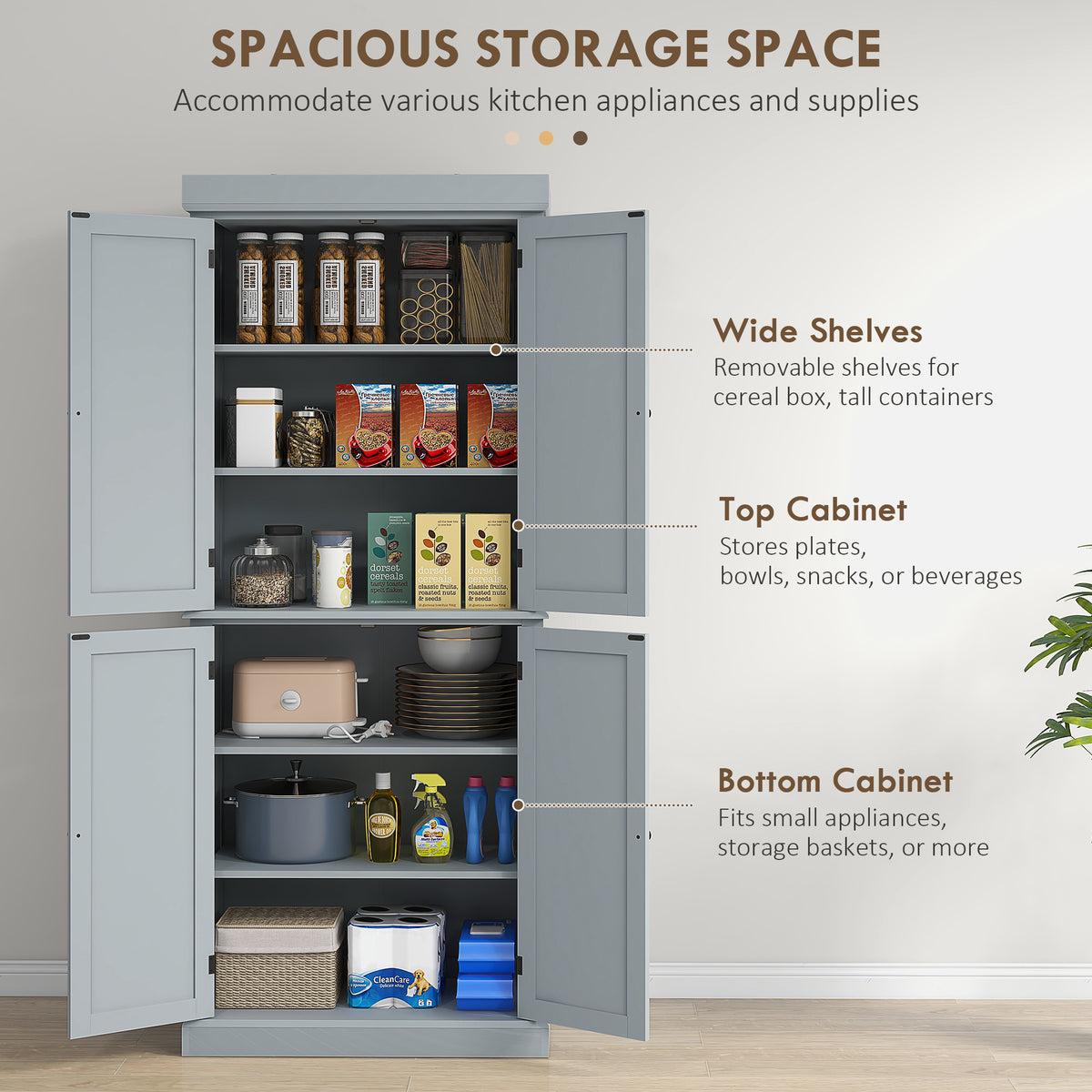 72.5" Freestanding Kitchen Pantry Cabinet with 4 Doors, Black