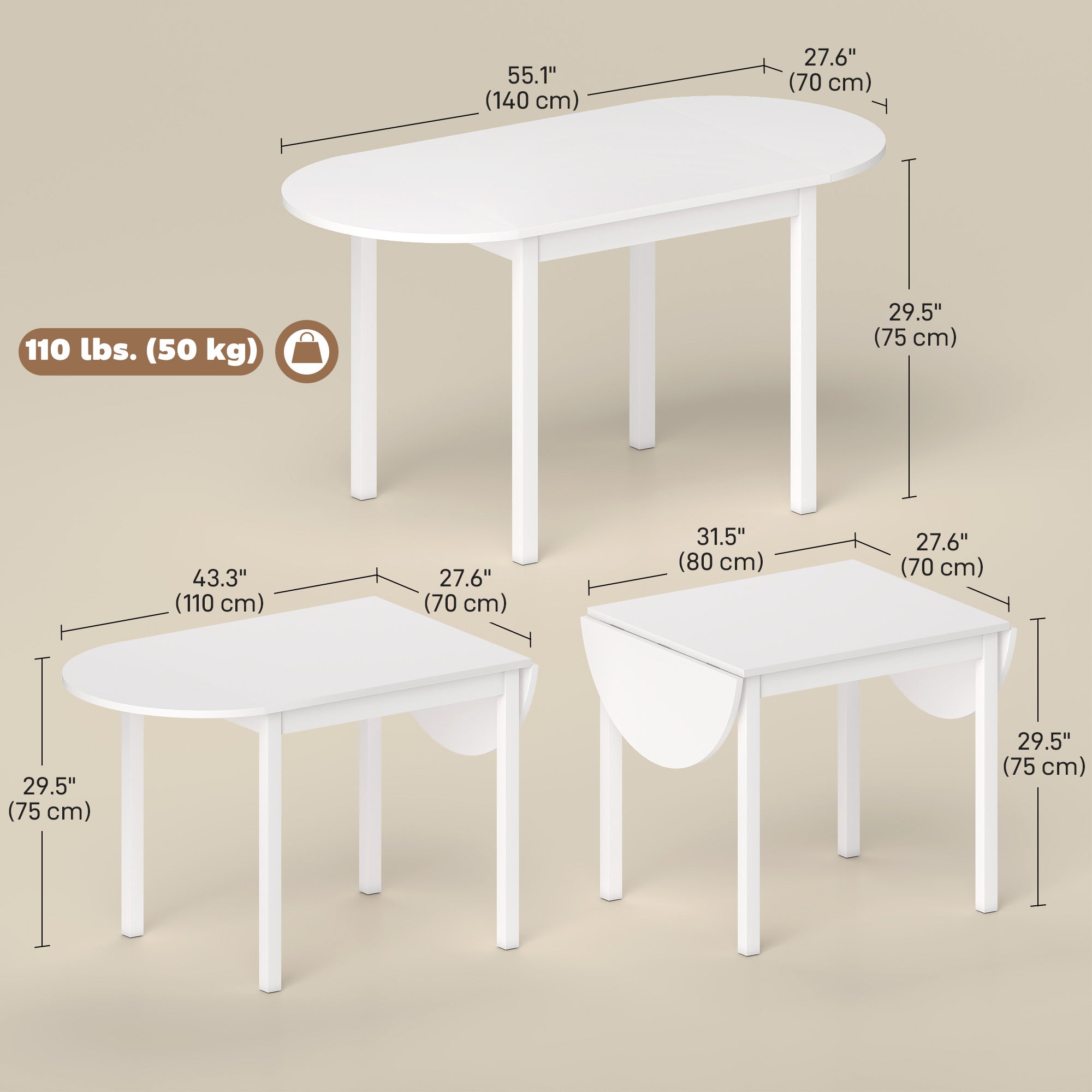 Solid Wood Kitchen Table, Drop Leaf Tables for Small Spaces, Folding Dining Table, Brown