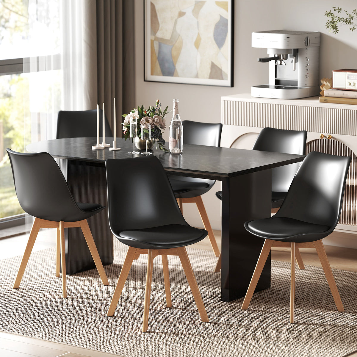 Modern Dining Table Chairs Set of 4, Rubber Wood Kitchen Table Chairs with PU Leather Cushion for Living Room, Bedroom
