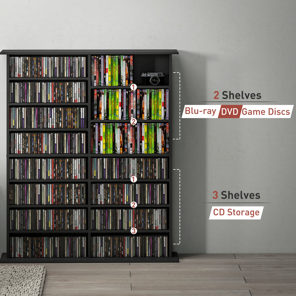 8-Tier DVD Shelf with 12 Adjustable Shelves, Double CD Shelf, Holds 720 CDs, 396 DVDs or 396 Blu-rays, Black