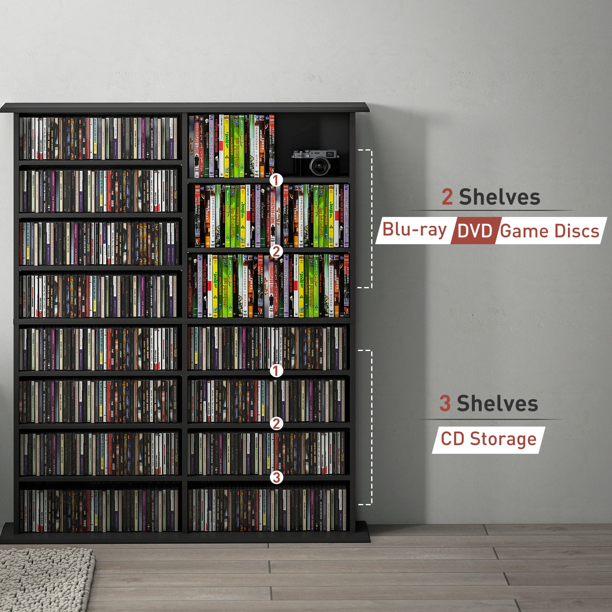 8-Tier DVD Shelf with 12 Adjustable Shelves, Double CD Shelf, Holds 720 CDs, 396 DVDs or 396 Blu-rays, Black