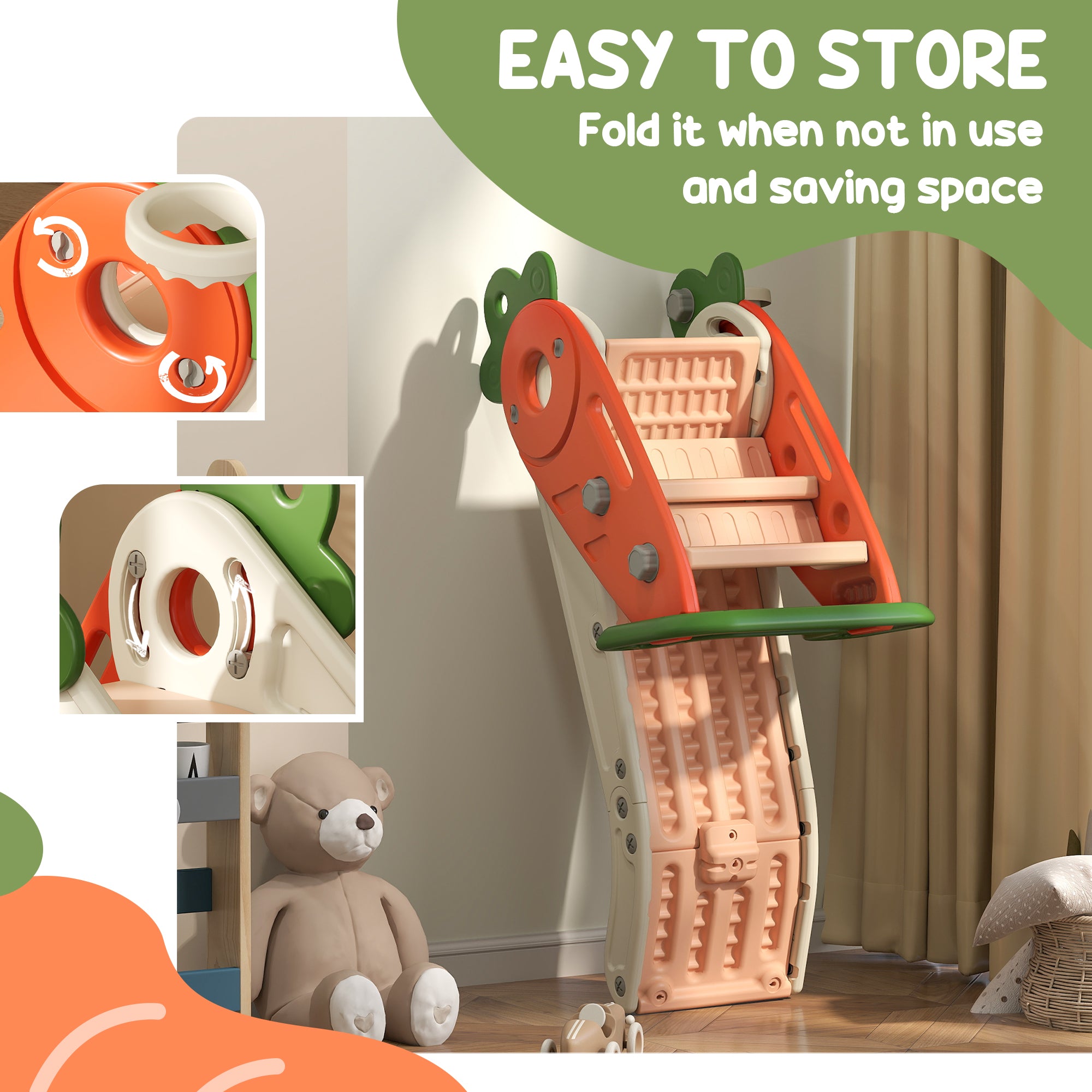 Qaba 3 in 1 Foldable Toddler Slide with Basketball Hoop, Climber, for 1-3 Years Old, Orange