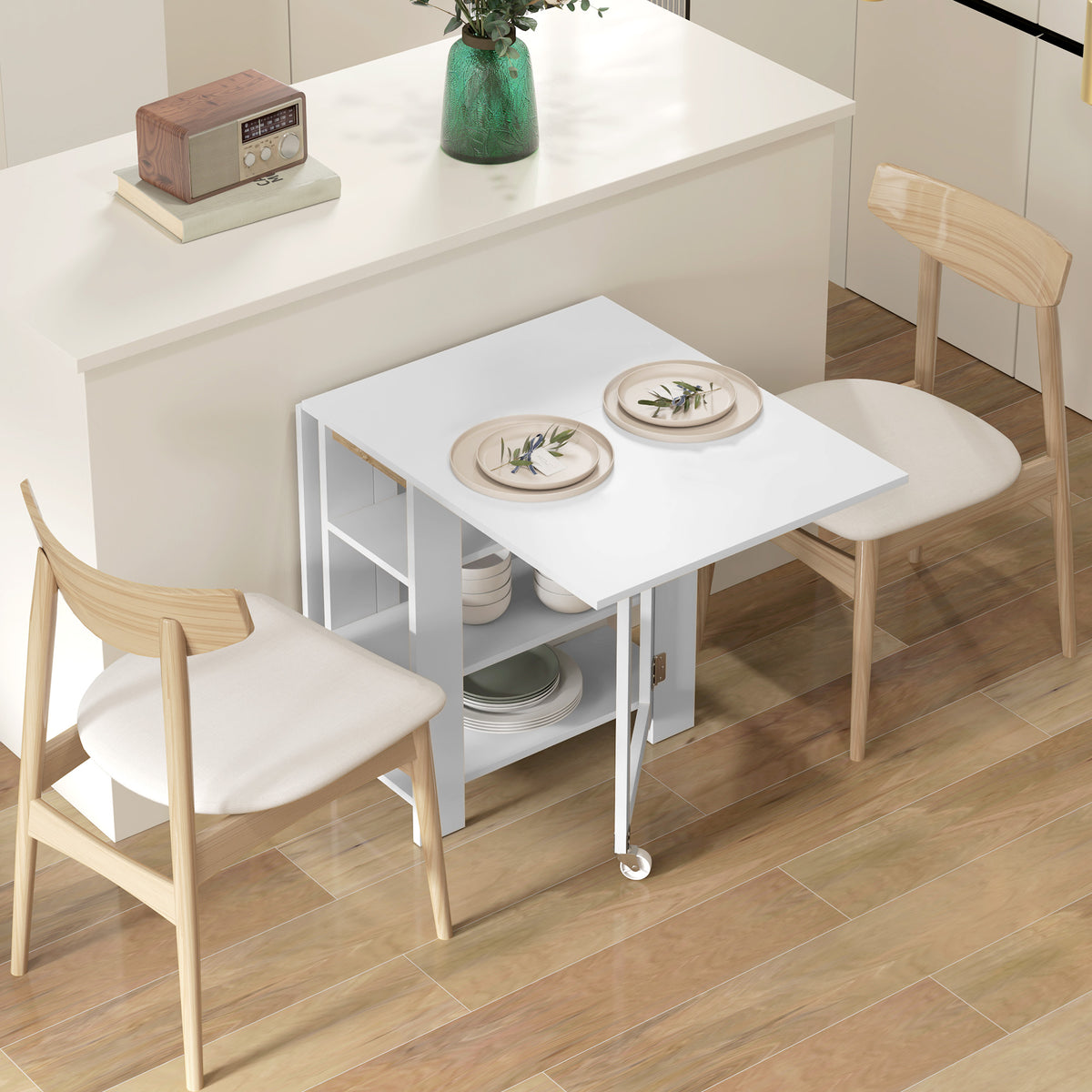 Folding Dining Table with Storage, Drop Leaf Kitchen Table for Small Spaces, White