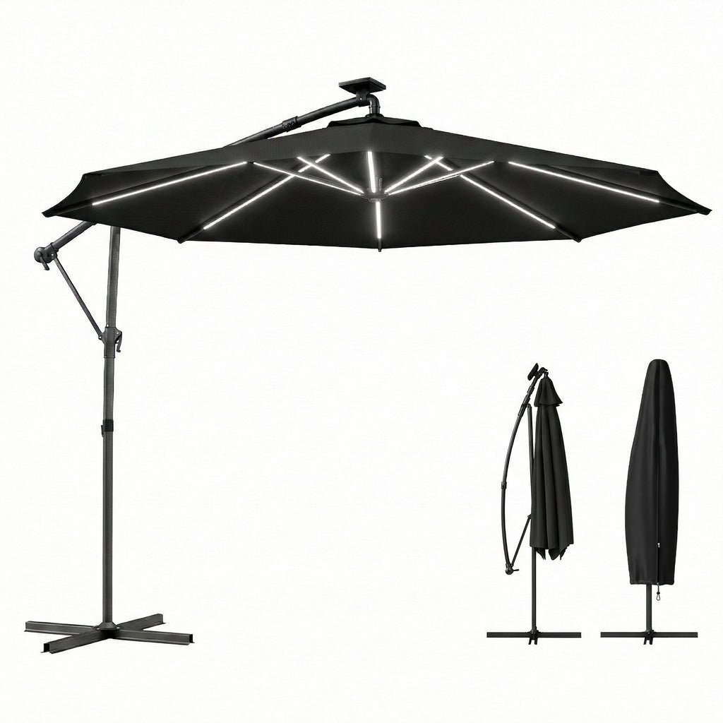 10 ft Offset Patio Umbrella with Solar Light, Garden Hanging Parasol with 360° Rotation, Tilt, Cover, Black